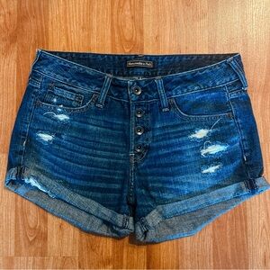 Abercrombie & Fitch Women's Blue Denim Cuffed Shorts 27 Distressed Button Fly